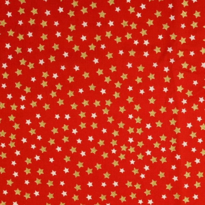 100% Cotton Poplin Stars On Red ( Glitter )
