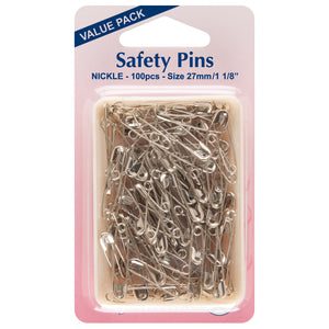 Hemline Safety Pins 27mm Qty 100 Nickel