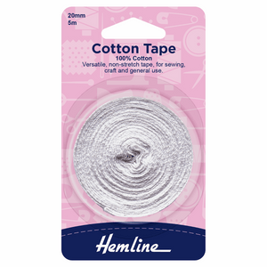 Hemline 100% Cotton Tape 20mm (3/4 inch) x 5m White