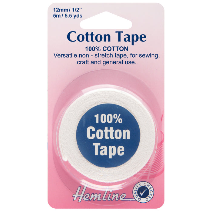 Hemline 100% Cotton Tape 12mm (1/2inch) x 5m White