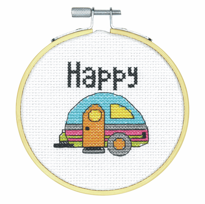 Counted Cross Stitched Kit With Hoop - Happy Camper