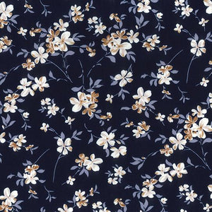 Navy Blue Floral Magnolia flowers 100% Cotton Poplin Fabric